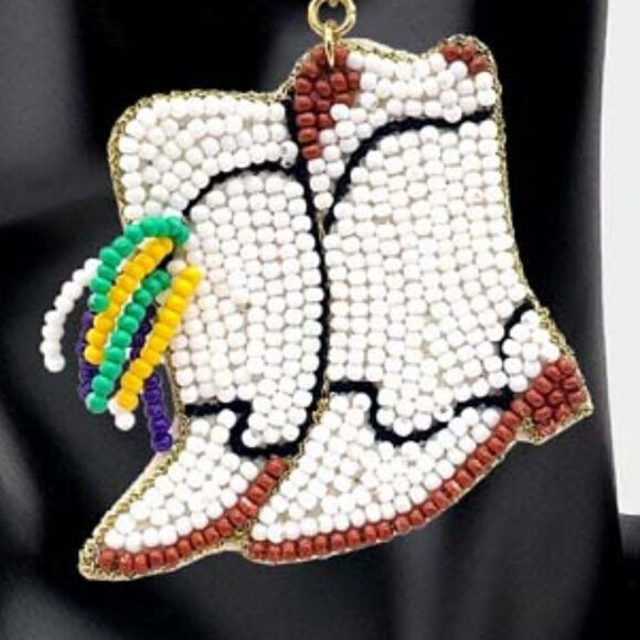 Mardi Gras Beaded Western Boots Dangle Earrings - Picture 2 of 5